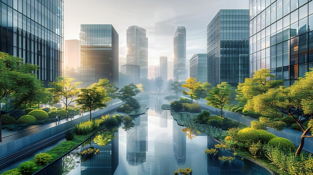 Réflexions urbaines Un paysage urbain bercé par la nature La sérénité des gratte-ciel au bord de l'eau