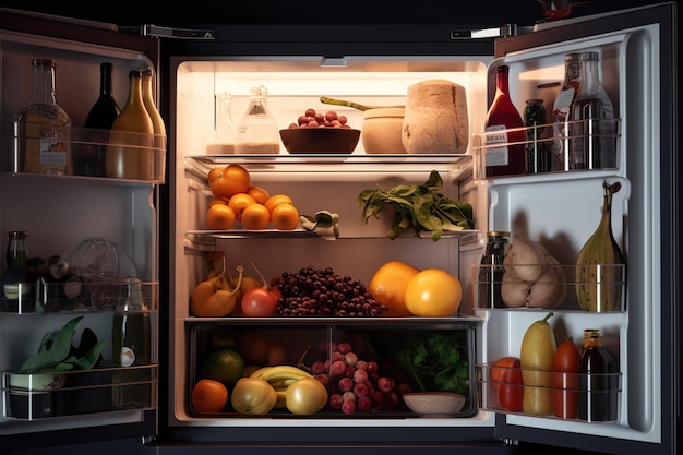 Le réfrigérateur est ouvert sur l'étagère de produits sains légumes et fruits Diet concept ai générative