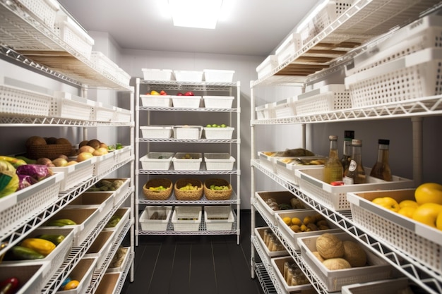 Réfrigérateur avec étagères, bacs et paniers pour stocker les aliments créés avec l'IA générative