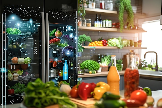 Un réfrigérateur intelligent mettant en valeur les fonctionnalités et la connectivité dans la cuisine