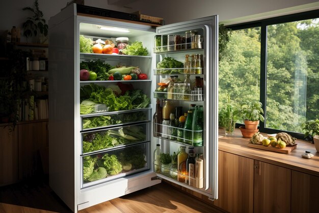 Photo réfrigérateur avec légumes verts frais cuisine végétalienne