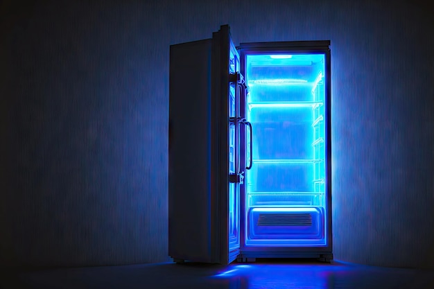 Réfrigérateur lumineux bleu lumineux avec porte ouverte dans l'obscurité