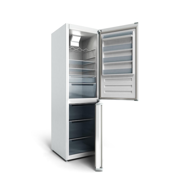 Réfrigérateur moderne en acier inoxydable isolé sur rendu 3D blanc