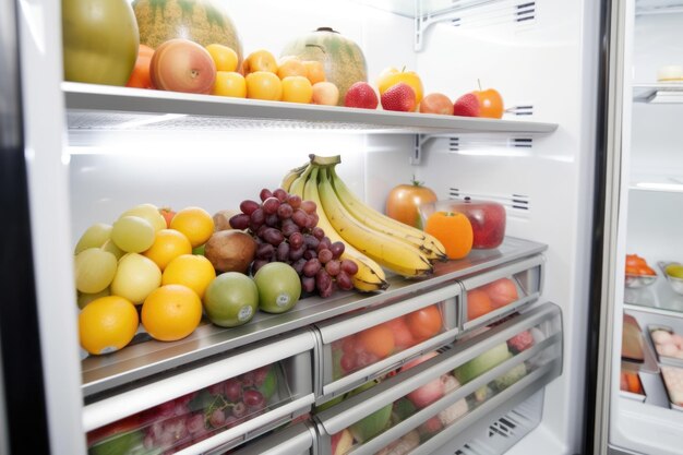 Réfrigérateur de plain-pied rempli de fruits et légumes juteux dodus créés avec l'IA générative