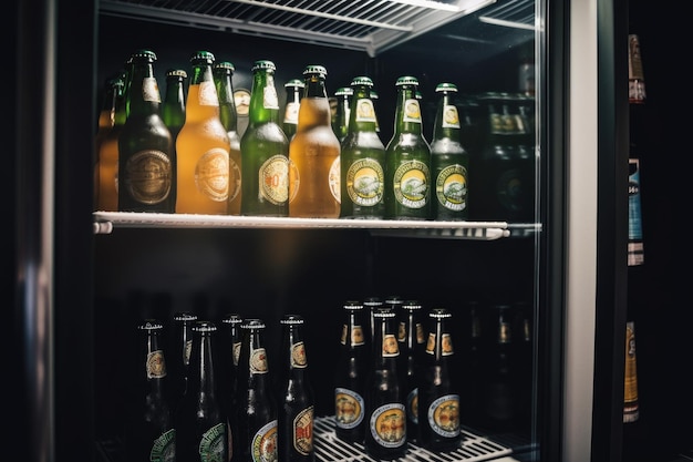 Réfrigérateur rempli de bouteilles de bière froide et rafraîchissante créées avec une IA générative