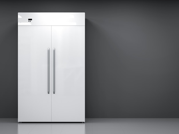 Réfrigérateur de rendu 3D avec portes côte à côte dans une pièce vide