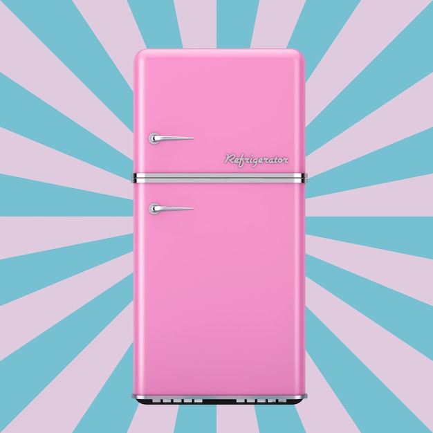 Réfrigérateur rose rétro sur un fond rose et bleu en forme d'étoile vintage. Rendu 3D