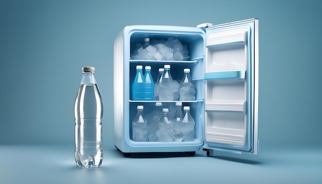 Réfrigérateur de voyage avec des bouteilles d'eau et des cubes de glace