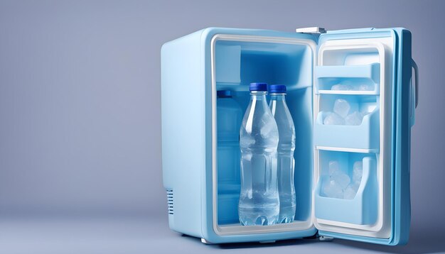 Réfrigérateur de voyage avec des bouteilles d'eau et des cubes de glace