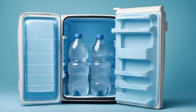 Photo réfrigérateur de voyage avec des bouteilles d'eau et des cubes de glace