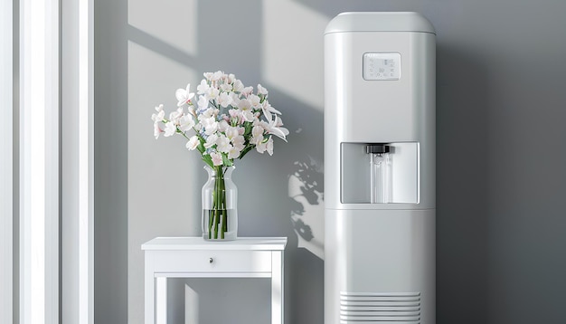 Photo refroidisseur d'eau moderne et vase avec des fleurs sur la table de fin près du mur gris