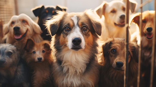 Photo un refuge d'animaux surpeuplé avec plusieurs chiens en attente