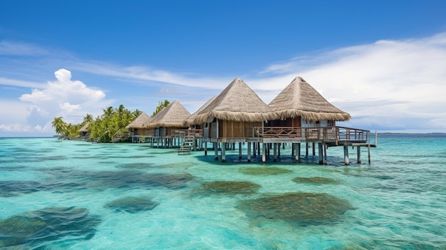 Un refuge insulaire idéal avec des palmiers qui se balancent au-dessus de la tête et des villas au toit de chaume situées au-dessus des mers cristallines AI générative