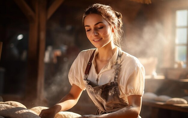 Le regard chaleureux d'une femme boulanger IA générative