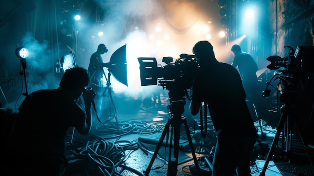 un regard dans les coulisses d'une production cinématographique se concentrant sur les contours sombres des membres de l'équipage