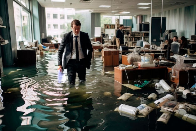 Le regard désolé d'un homme d'affaires sur son bureau inondé