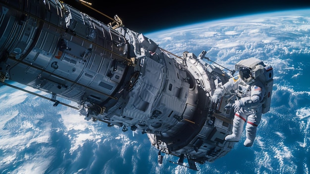 Un regard détaillé sur l'extérieur d'une station spatiale alors qu'un astronaute effectue une sortie dans l'espace pour effectuer la maintenance d'un module satellite nouvellement installé