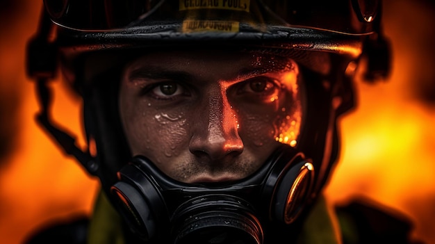 Photo le regard déterminé des pompiers, les yeux orange, les flammes en arrière-plan.