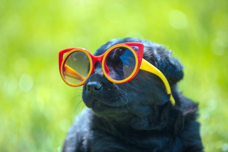 Photo regard drôle de chiot labrador retriever à travers les lunettes de soleil