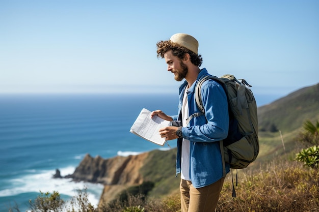 Photo le regard de l'explorateur jeune randonneur avec une carte contre le bleu de l'océan