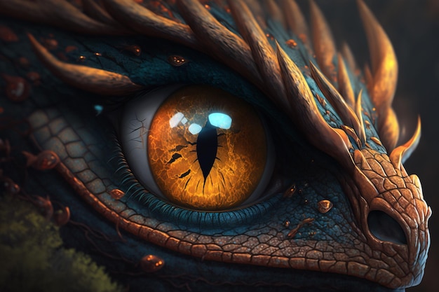 Regard intense d'un dragon Un œil détaillé et vibrant d'une bête mythique Ai Generated Art Work