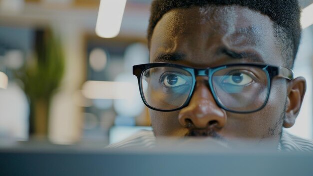 Un regard intense sur un écran mis en évidence par la lueur réfléchissante de l'écran