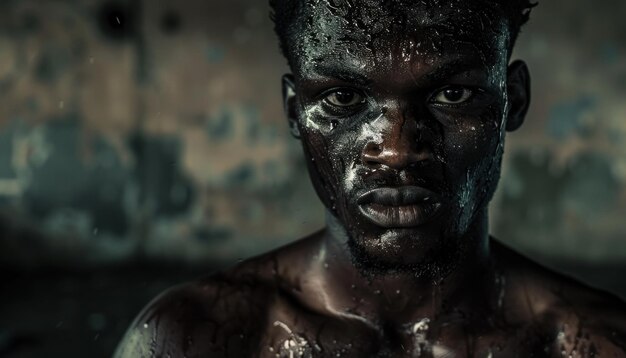 Le regard intense d'un homme en sueur avec la peinture sur le visage