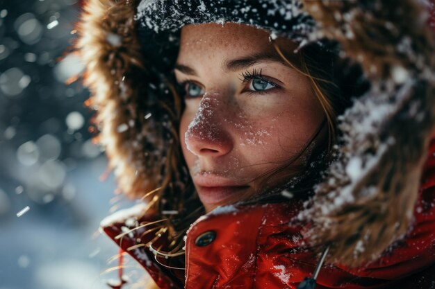 Photo le regard intense d'une jeune femme bravant une tempête de neige dans un pays des merveilles hivernales au crépuscule créé avec la technologie d'intelligence artificielle générative