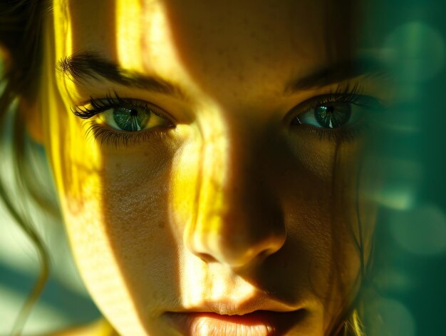 Le regard intense d'une jeune femme dans un éclairage spectaculaire