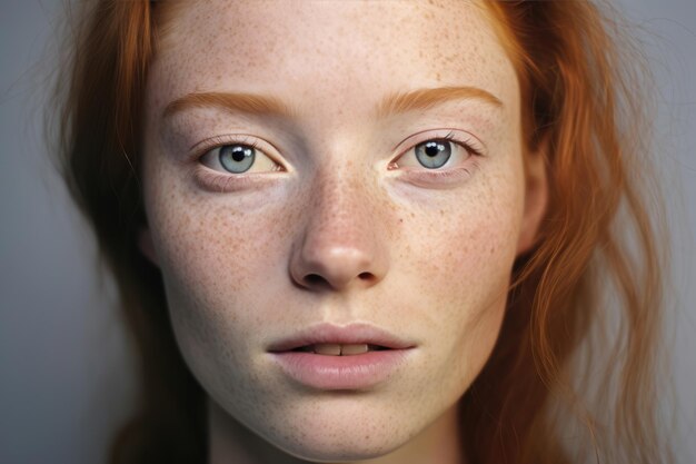 Le regard intense d'une jeune femme rousse aux yeux bleus frappants