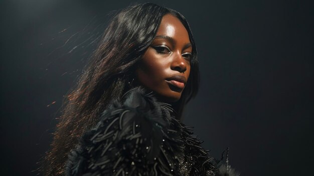 Photo avec un regard et une marche balancée, une femme noire incarne la légendaire piste de naomi campbell.