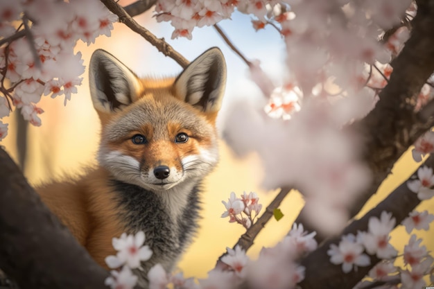 Regard rapproché du bébé renard sous l'arbre de fleurs de cerisier