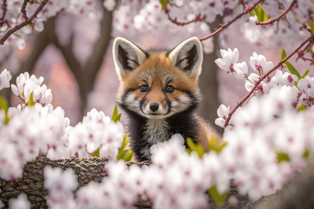 Regard rapproché du bébé renard sous l'arbre de fleurs de cerisier