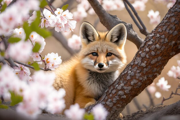 Regard rapproché du bébé renard sous l'arbre de fleurs de cerisier