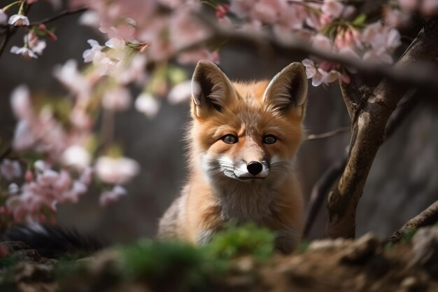 Regard rapproché du bébé renard sous l'arbre de fleurs de cerisier