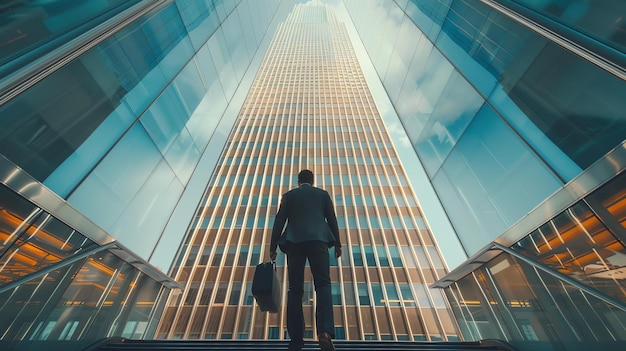 Photo en regardant un grand gratte-ciel depuis le sol, un homme d'affaires est éclipsé par la hauteur du bâtiment.