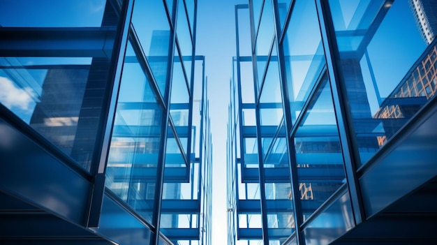 Regardant en haut immeuble de bureaux moderne bleu