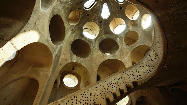 En regardant à l'intérieur d'un dôme en béton avec un escalier en spirale, le dôme est éclairé par la lumière naturelle provenant des fenêtres rondes.