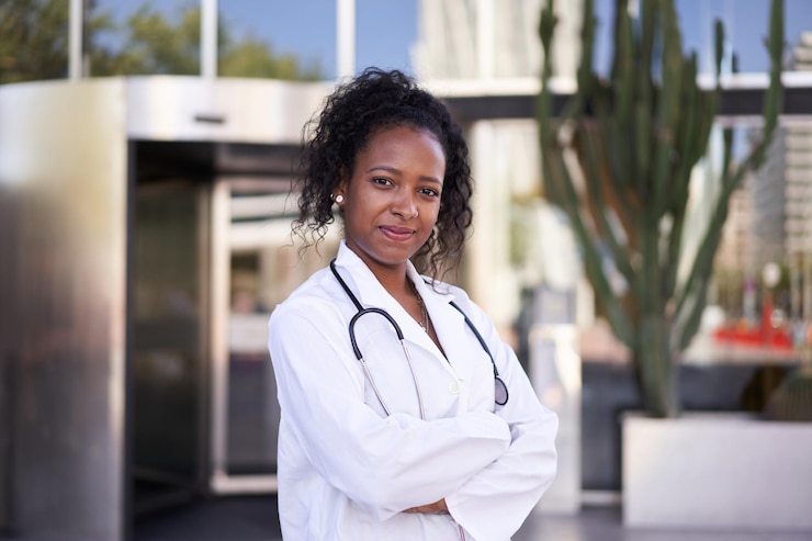 Photo regardant le portrait de la caméra d'une jeune femme médecin professionnel de la santé à l'extérieur de l'hôpital