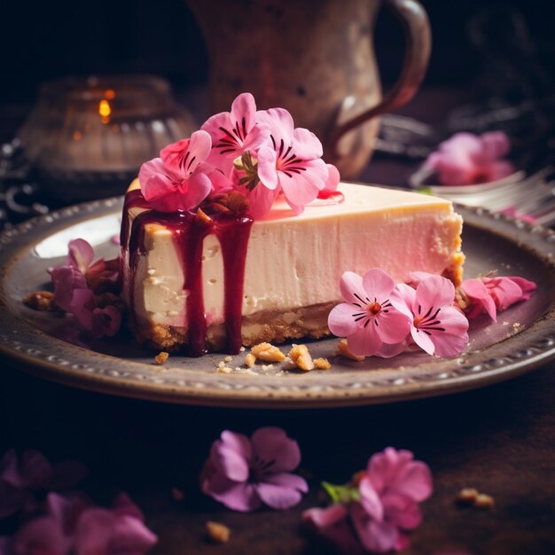 Regardant vers le bas une assiette de gâteau au fromage fleurs roses photo générée par l'IA