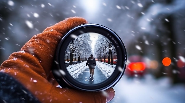 Photo regarder à travers des jumelles en hiver generative ai