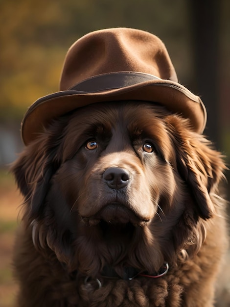 Regarder le visage d'un chien de Terre-Neuve brun avec un chapeau