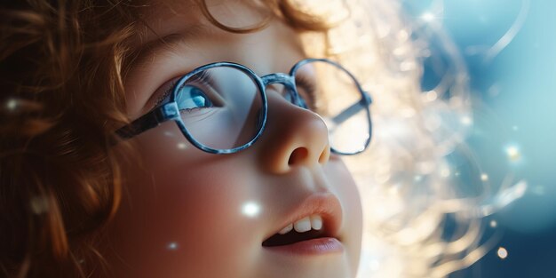 Regardez une fille avec des lunettes en gros plan avec un fond flou