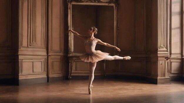 Regardez la passion de la danseuse de ballet moderne sur le mur brun avec des reflets d'illusion de miroir sur la surface