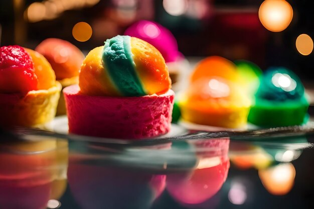 Photo regardez de plus près un délicieux dessert appelé rainbow sorbet il y a un joli restaurant loin généré par l'ia