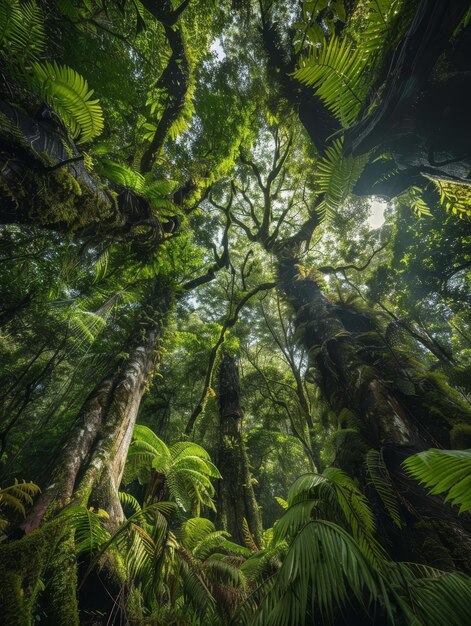 Regardez vers le haut dans une forêt ancienne où d'immenses arbres atteignent le ciel leurs troncs couverts de mousse un témoignage de la beauté intemporelle de la nature