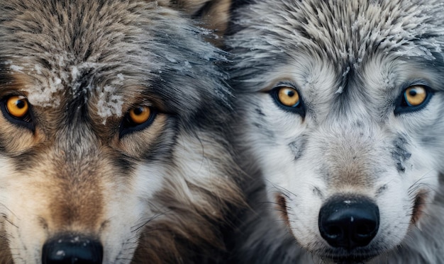 Les regards intenses de deux loups créent une dynamique captivante mettant en valeur leur puissance, leur élégance et la beauté de l'IA générative sauvage.