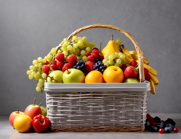 Un régime alimentaire sain, des fruits frais et sains dans un panier de paille provenant d'une ferme biologique générée par Ai