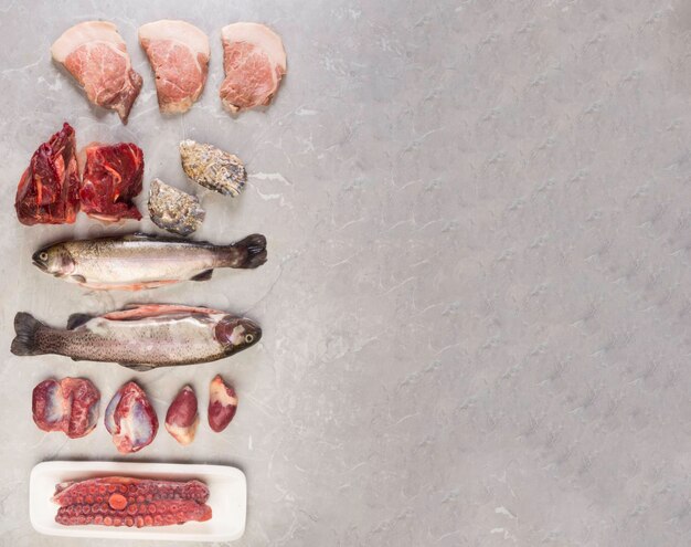 Régime protéiné poisson cru viande de porc et de boeuf abats évince tancels