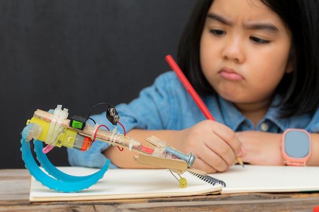 Réglage droit Élève enthousiaste de l'école primaire fixant le robot en cconstruction situé à la leçon de sciences